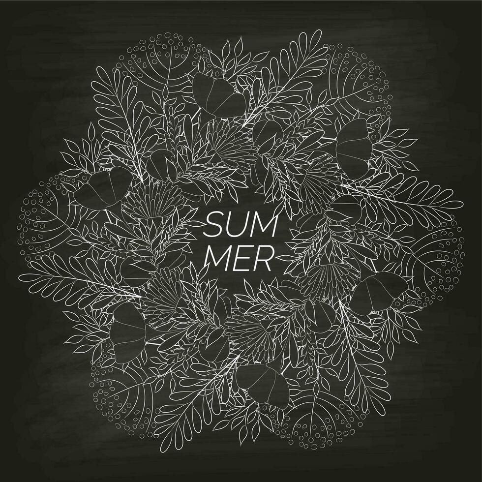 Summer floral background in the form of a wreath of cornflowers and leaves drawn by hand on the black unclean chalkboard. For the design of postcards, brochures, flyers. Coloring page vector