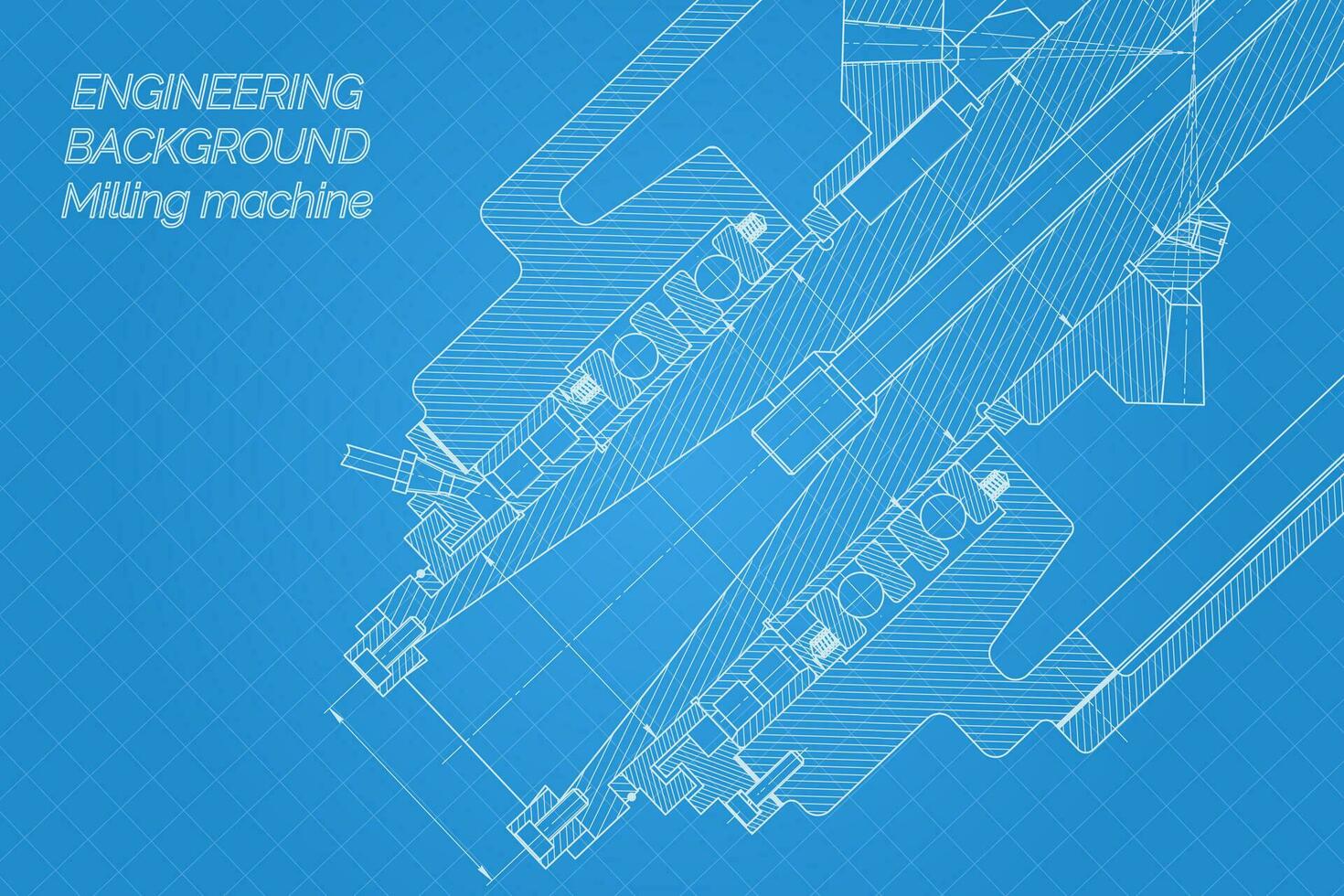 Mechanical engineering drawings on blue background. Milling machine spindle. Technical Design. Cover. Blueprint. Vector illustration
