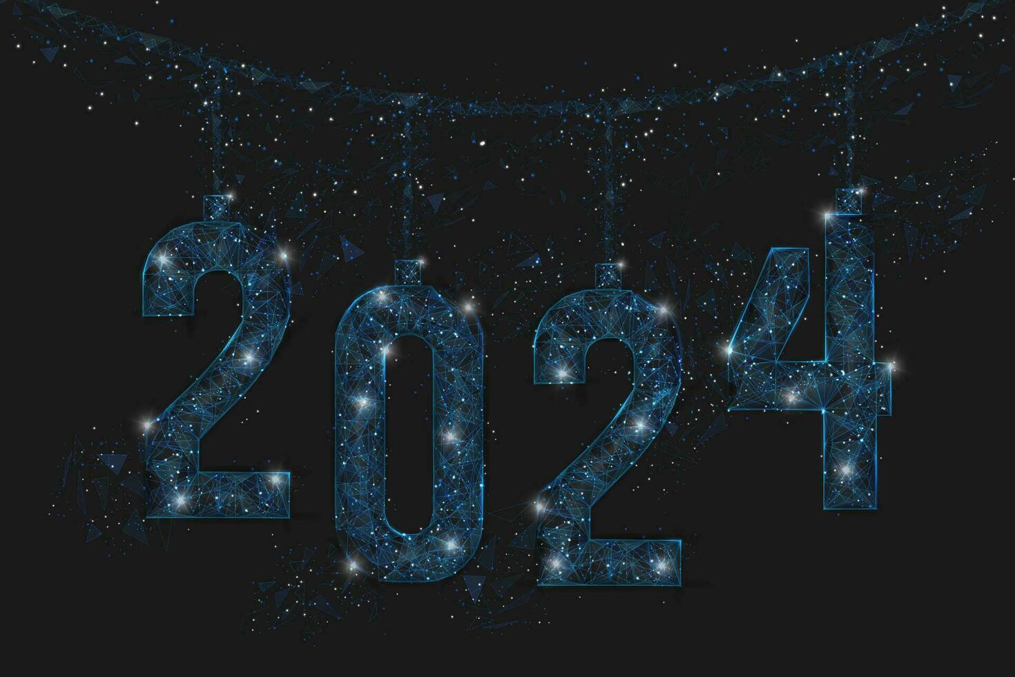 Abstract isolated blue image of new year number 2024. Polygonal low poly wireframe illustration looks like stars in the blask night sky in spase or flying glass shards. Digital web, internet design. vector