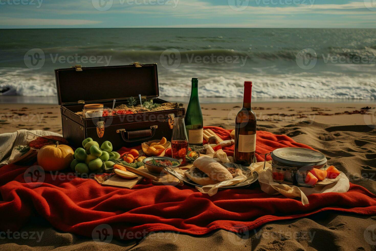 Beach food picnic with wooden box. Generate Ai photo