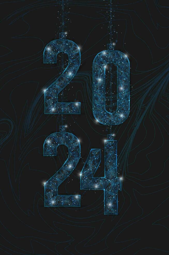 Abstract isolated blue image of new year number 2024. Polygonal low poly wireframe illustration looks like stars in the blask night sky in spase or flying glass shards. Digital web, internet design. vector