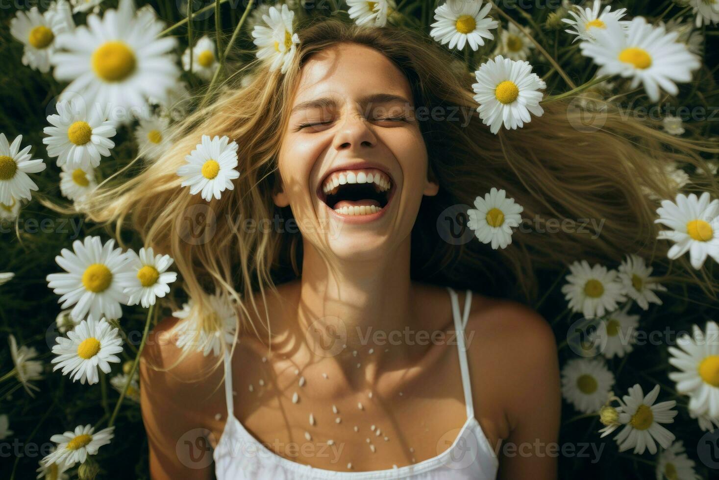 mujer contento sonrisa en manzanilla flores generar ai foto