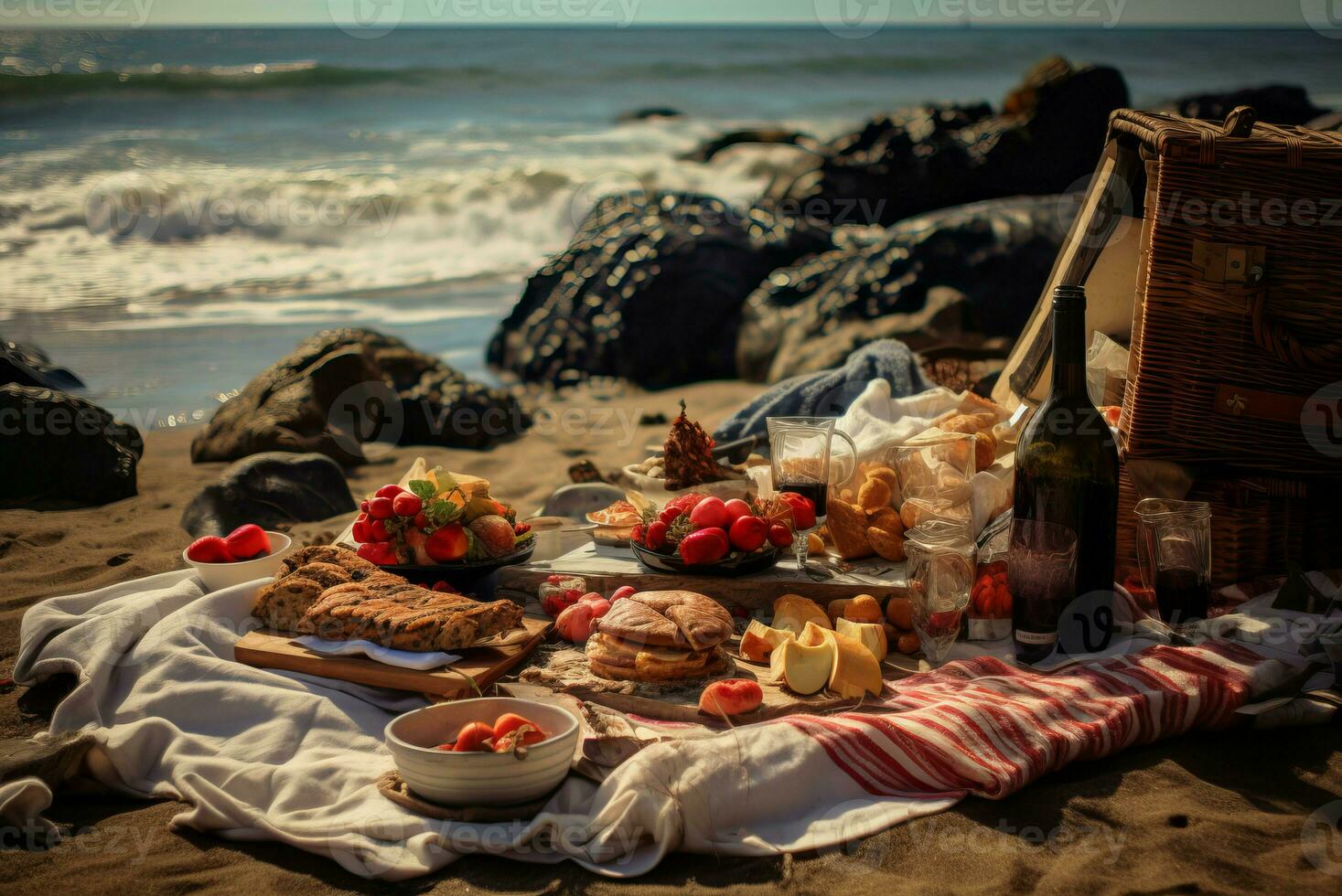 Beach food picnic. Generate Ai photo