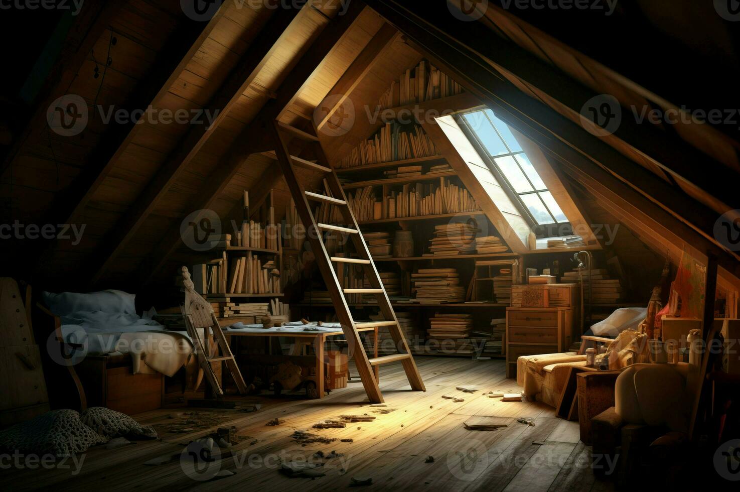 House wooden attic home library. Generate Ai photo