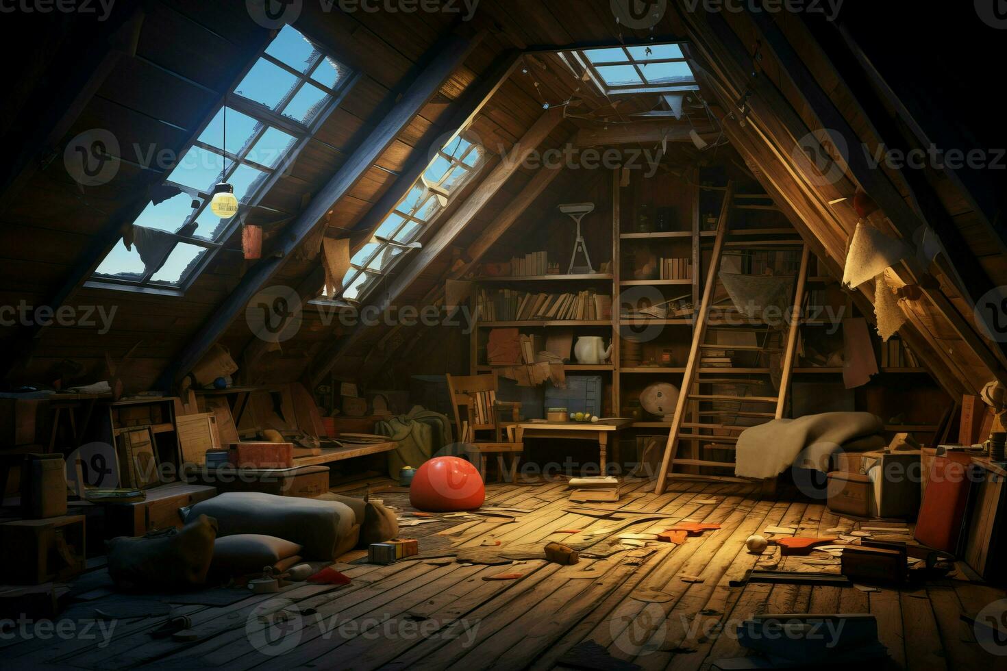 House wooden attic with broken windows. Generate Ai photo