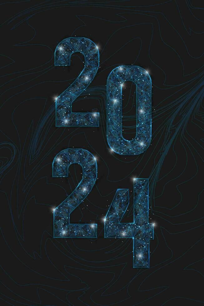 resumen aislado azul imagen de nuevo año número 2024. poligonal bajo escuela politécnica estructura metálica ilustración mira me gusta estrellas en el en blanco noche cielo en spase o volador vaso fragmentos digital web, Internet diseño. vector