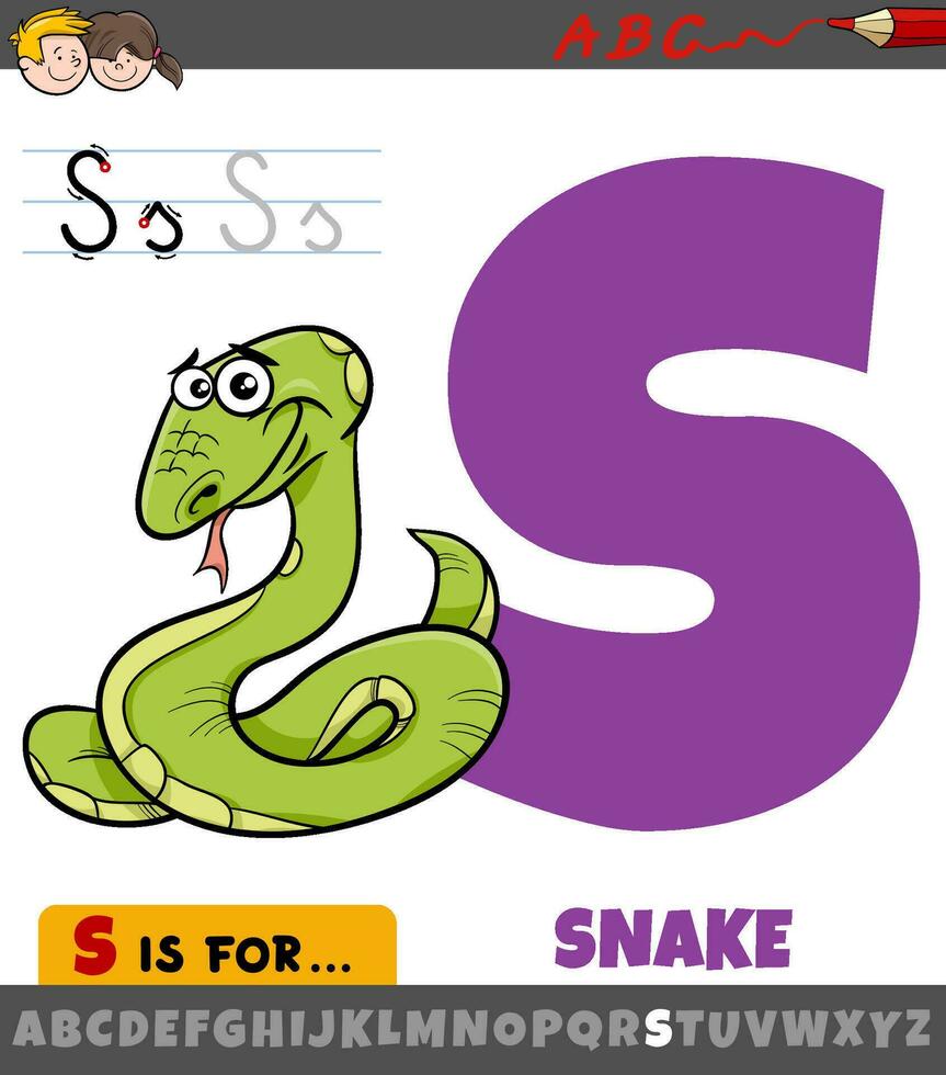 letter S worksheet with cartoon snake animal character vector