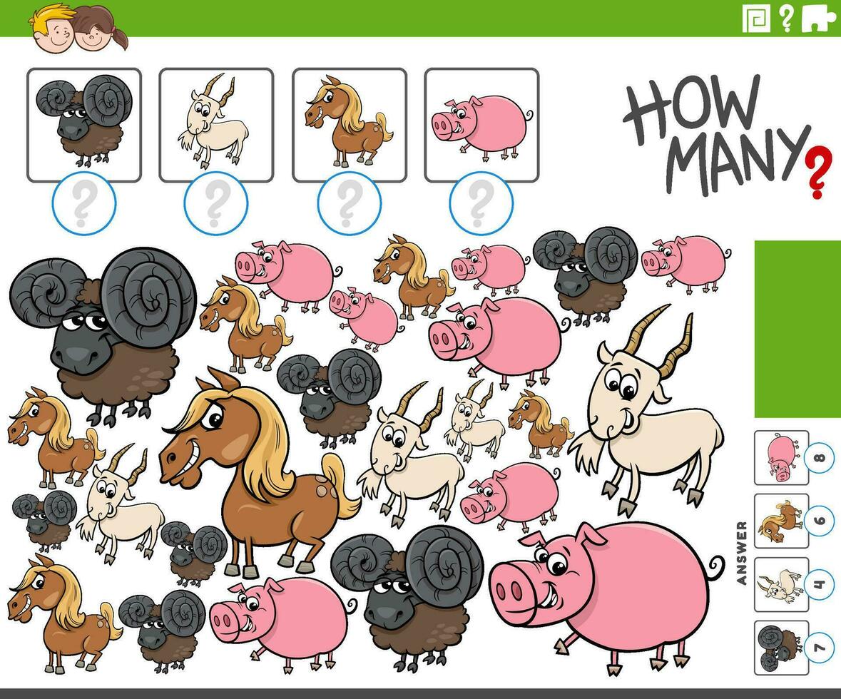 how many activity with cartoon farm animal characters vector