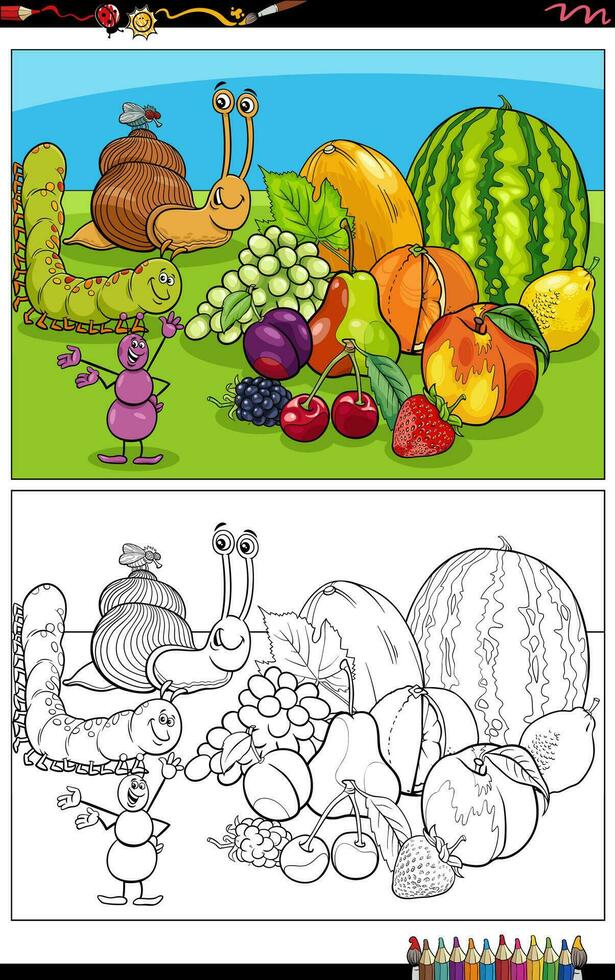 dibujos animados insectos caracteres grupo con Fruta colorante página vector