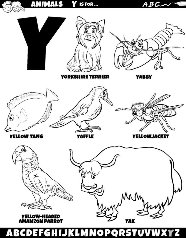 cartoon animal characters for letter Y set coloring page vector