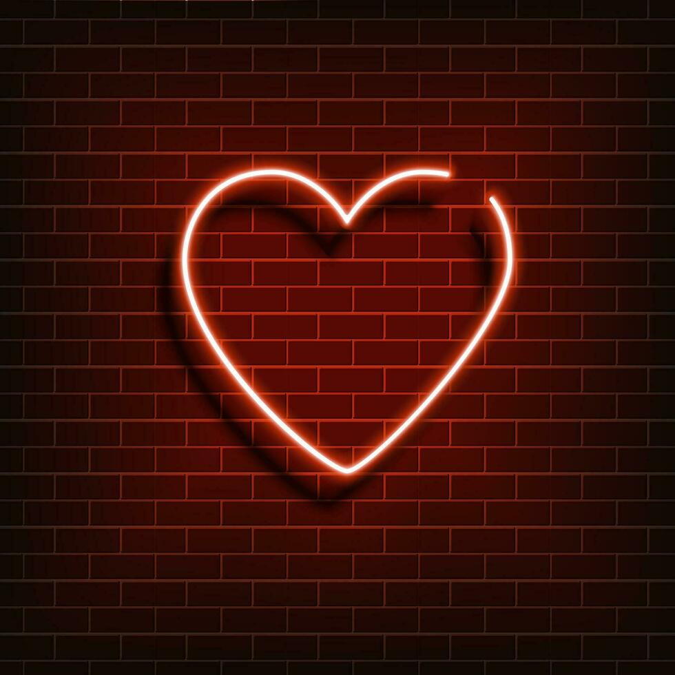 Neon heart. A bright red sign on a brick wall. Element of design for a happy Valentine's day. Vector illustration
