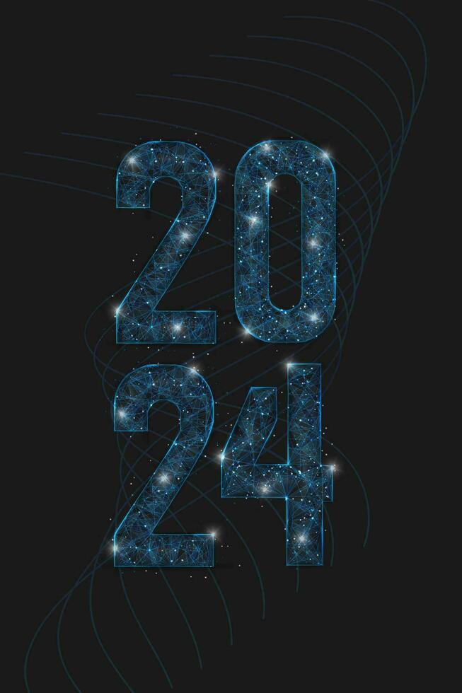 Abstract isolated blue image of new year number 2024. Polygonal low poly wireframe illustration looks like stars in the blask night sky in spase or flying glass shards. Digital web, internet design. vector