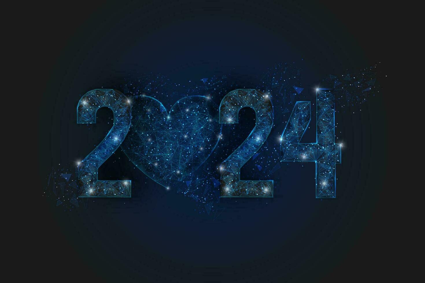 Abstract isolated blue image of new year number 2024. Polygonal low poly wireframe illustration looks like stars in the blask night sky in spase or flying glass shards. Digital web, internet design. vector