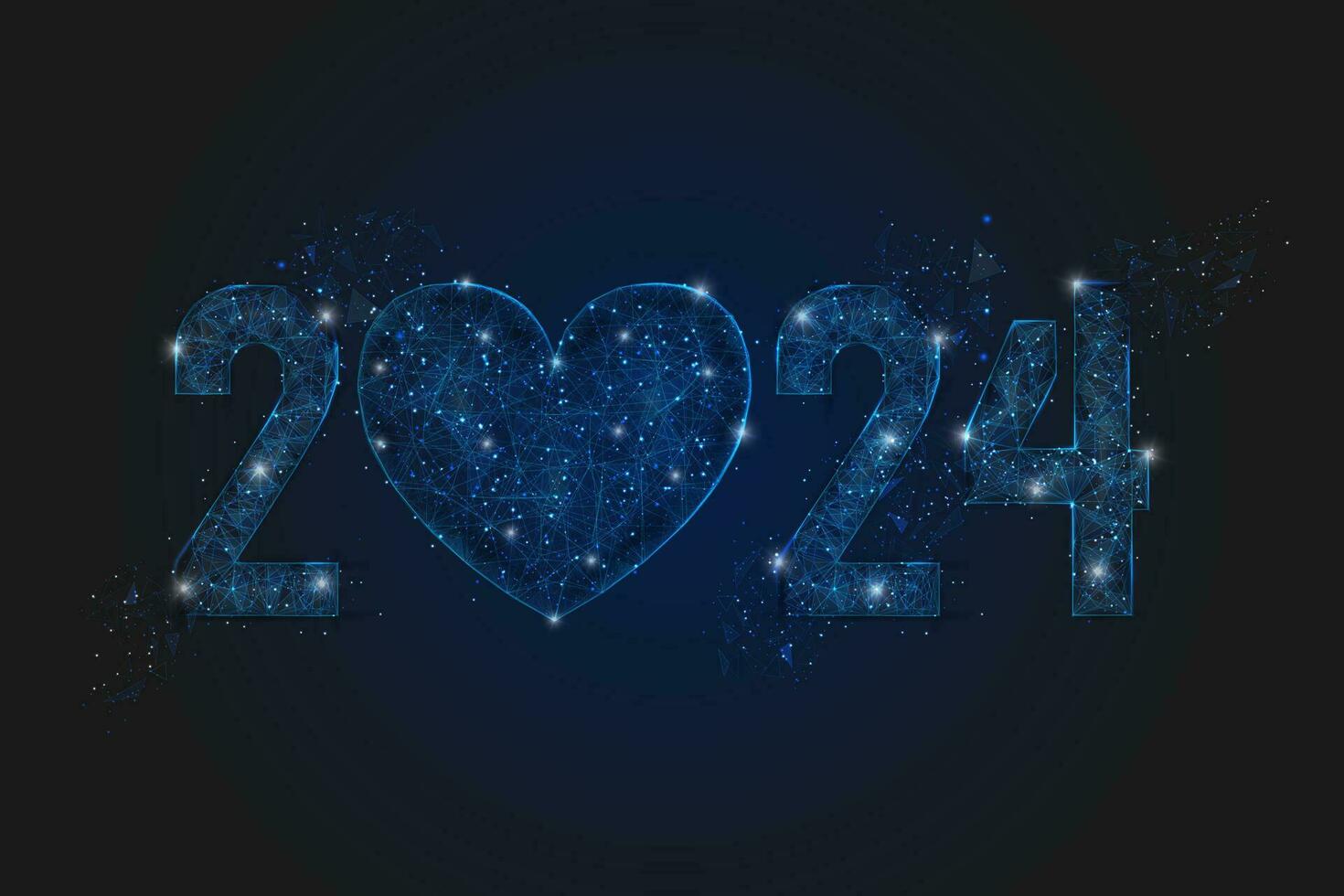 Abstract isolated blue image of new year number 2024. Polygonal low poly wireframe illustration looks like stars in the blask night sky in spase or flying glass shards. Digital web, internet design. vector