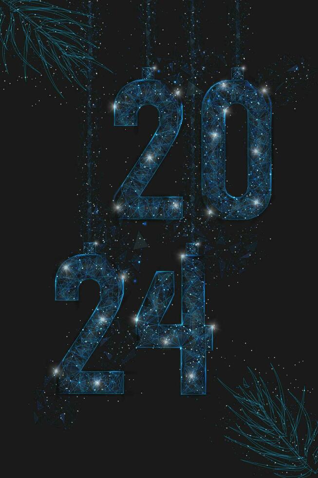 Abstract isolated blue image of new year number 2024. Polygonal low poly wireframe illustration looks like stars in the blask night sky in spase or flying glass shards. Digital web, internet design. vector