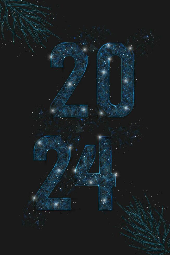 Abstract isolated blue image of new year number 2024. Polygonal low poly wireframe illustration looks like stars in the blask night sky in spase or flying glass shards. Digital web, internet design. vector