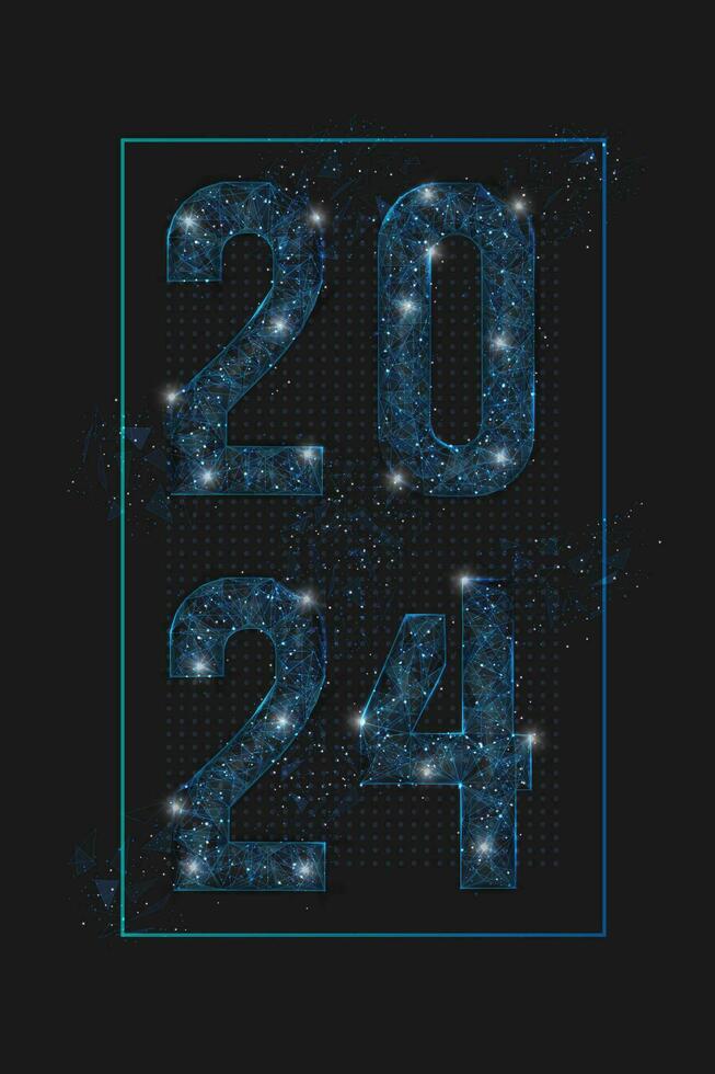 resumen aislado azul imagen de nuevo año número 2024. poligonal bajo escuela politécnica estructura metálica ilustración mira me gusta estrellas en el en blanco noche cielo en spase o volador vaso fragmentos digital web, Internet diseño. vector