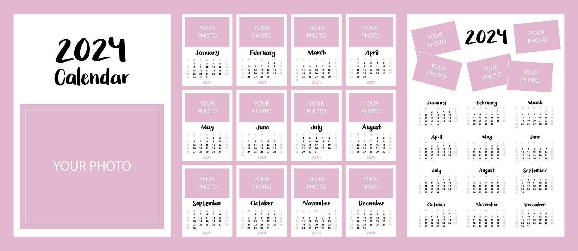 Calendar template for 2024. Vertical layout for your design. Size A4, A3, A5. Set of 12 months and cover vector