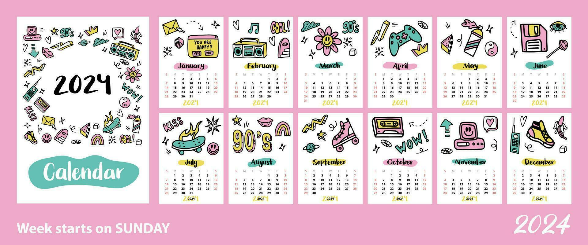 Calendar template for 2024. Vertical cute glider with funny girly doodles in the style of the 90s. Design for printing vector