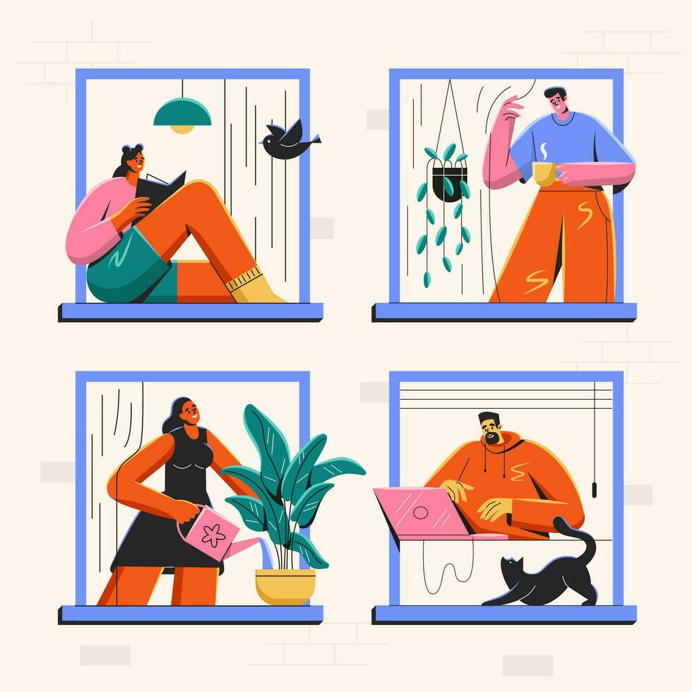 Happy people look out of the windows of their apartments. Good neighbors communicate. Modern house. Communication vector