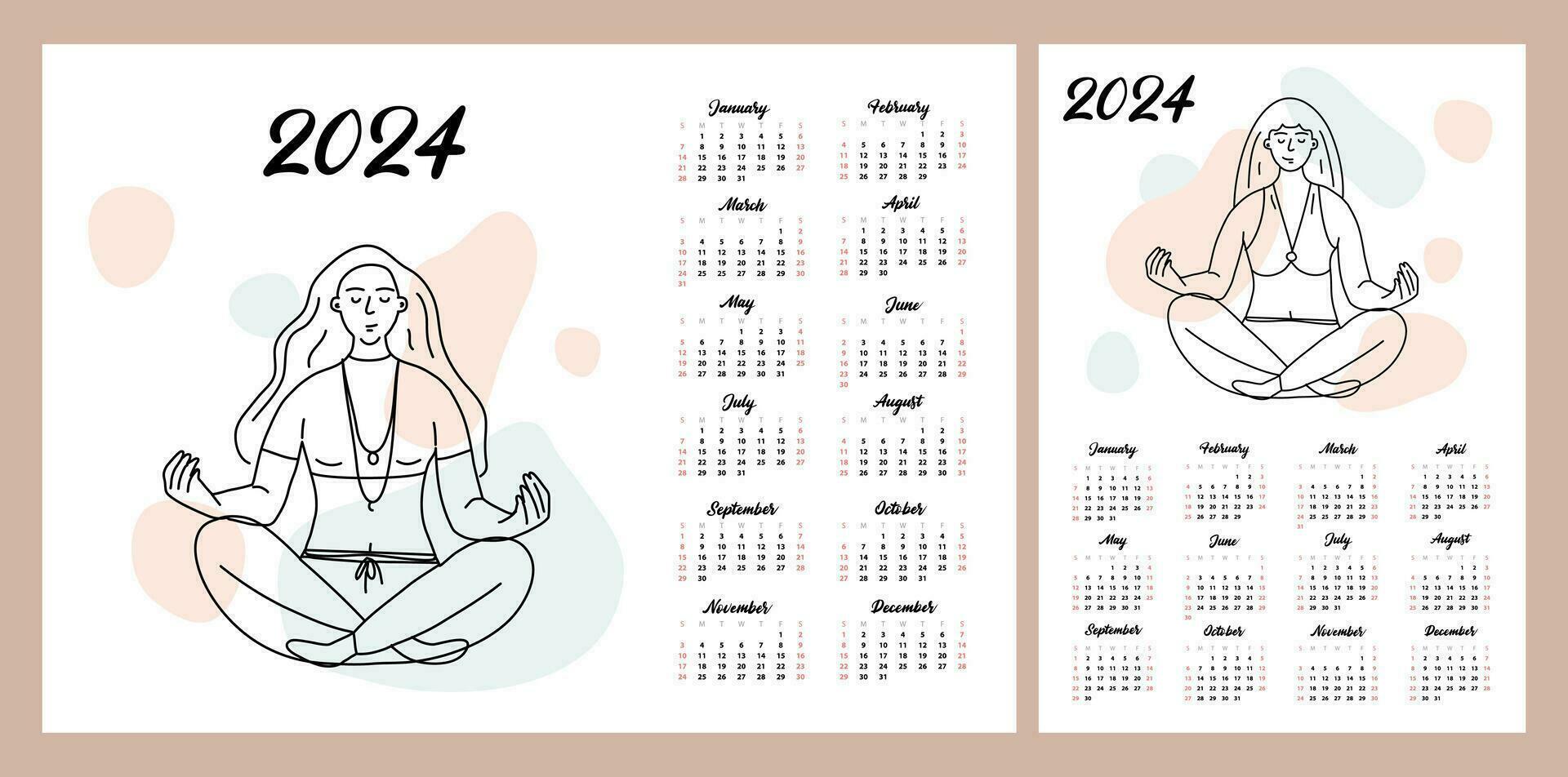 Calendar layout for 2024. Girls meditate. Illustration of people in the style of line art. Glider for printing vector