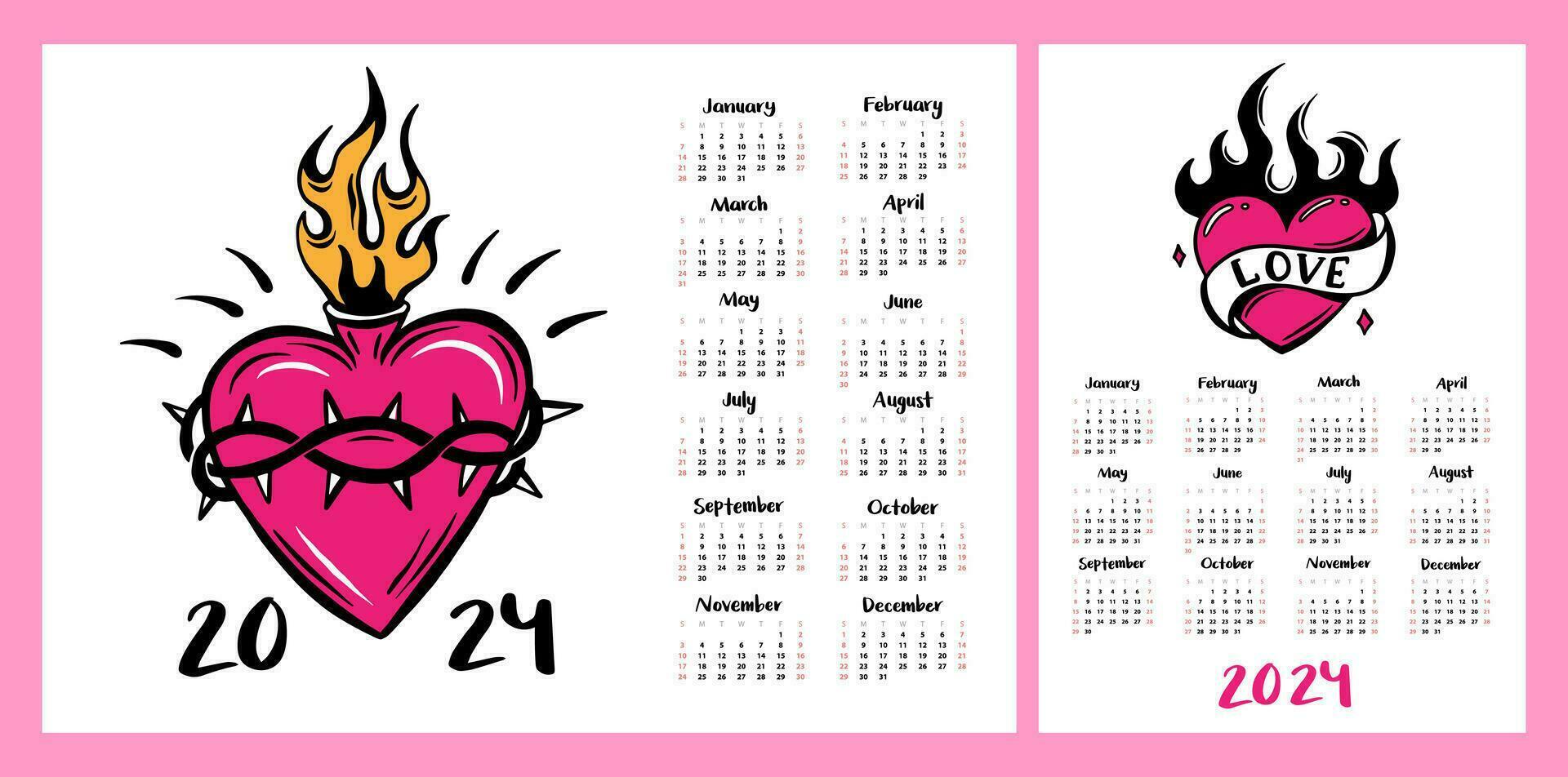 Calendar layout for 2024. Girl's Heart tattoo. Horizontal and vertical layout for printing. Monthly planner vector