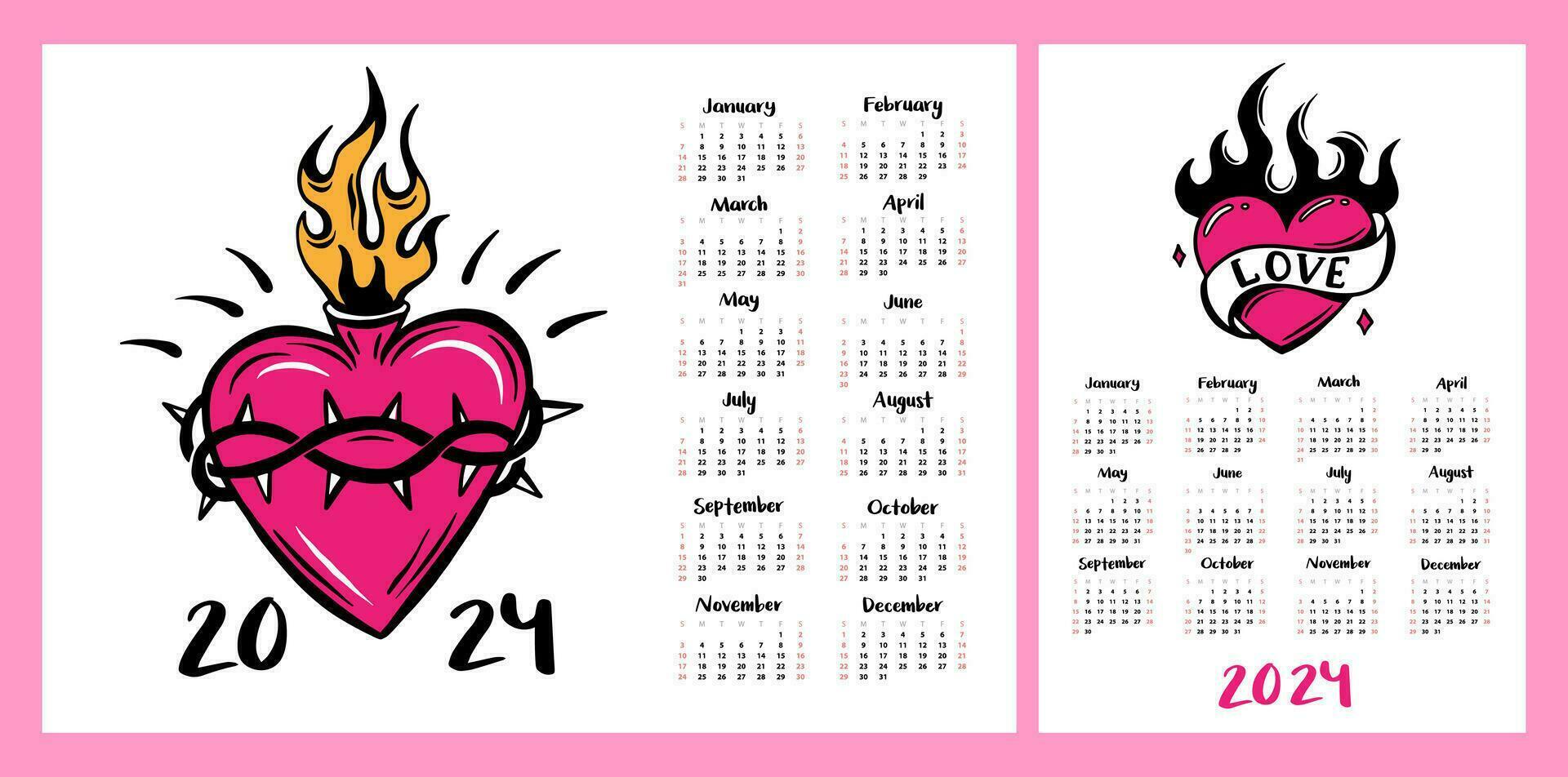 calendario diseño para 2024. muchachas corazón tatuaje. horizontal y vertical diseño para impresión. mensual planificador vector