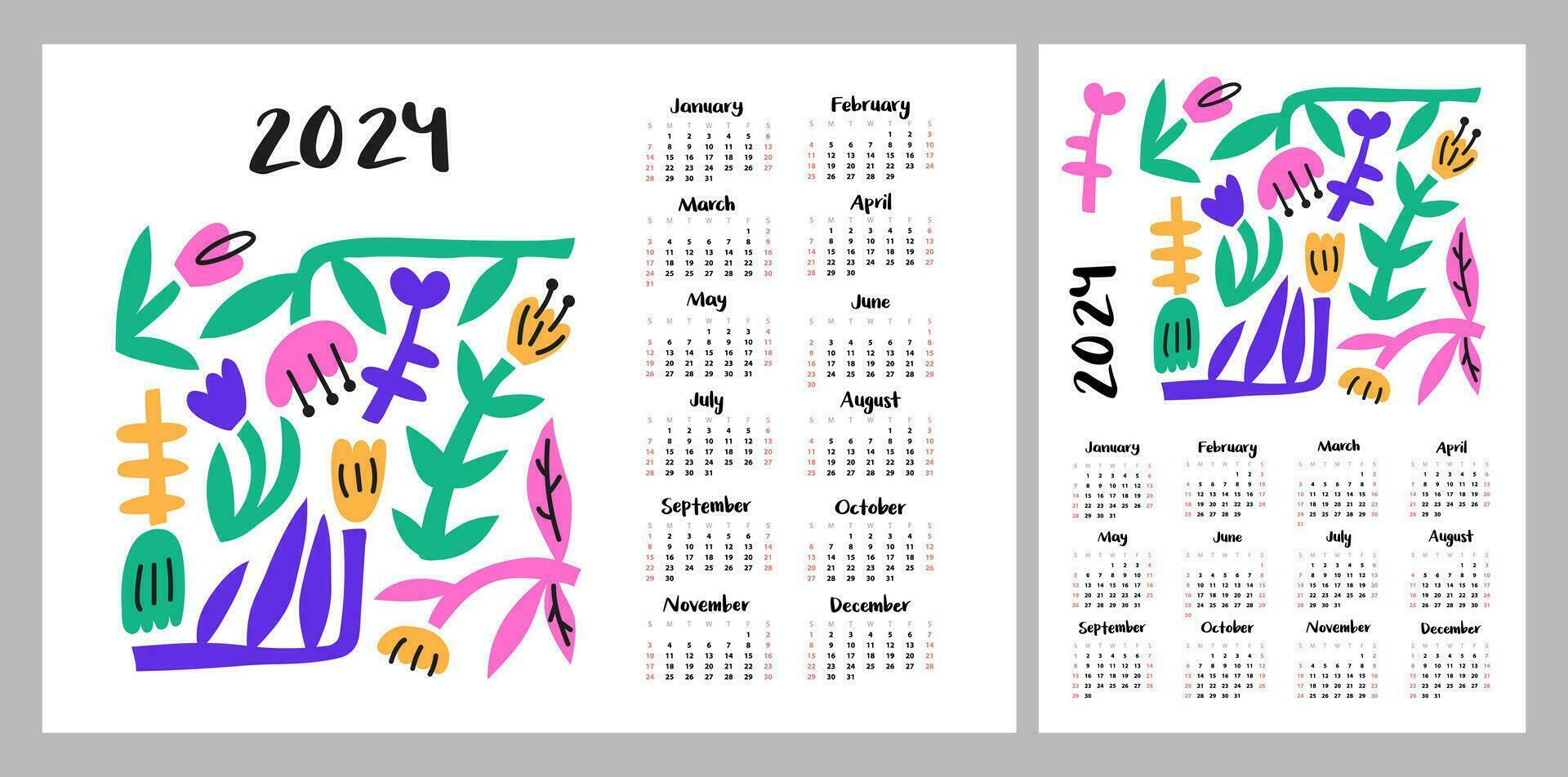 Calendar layout for 2024. Abstract illustration of flowers. Minimalistic monthly plan. Layout for printing A4, A5 vector