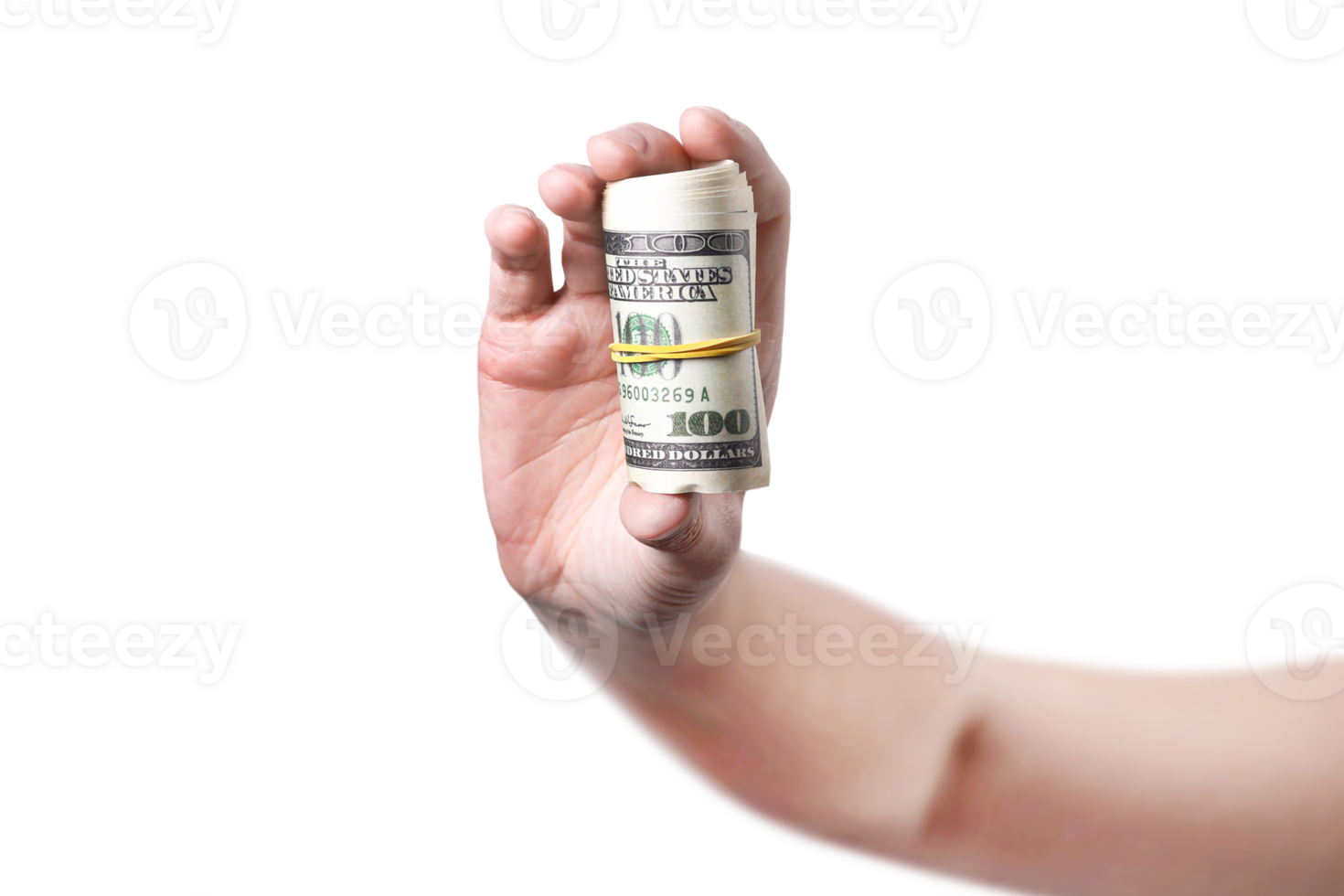 A hand shows a roll of money isolated on  png transparent background 100 dollars