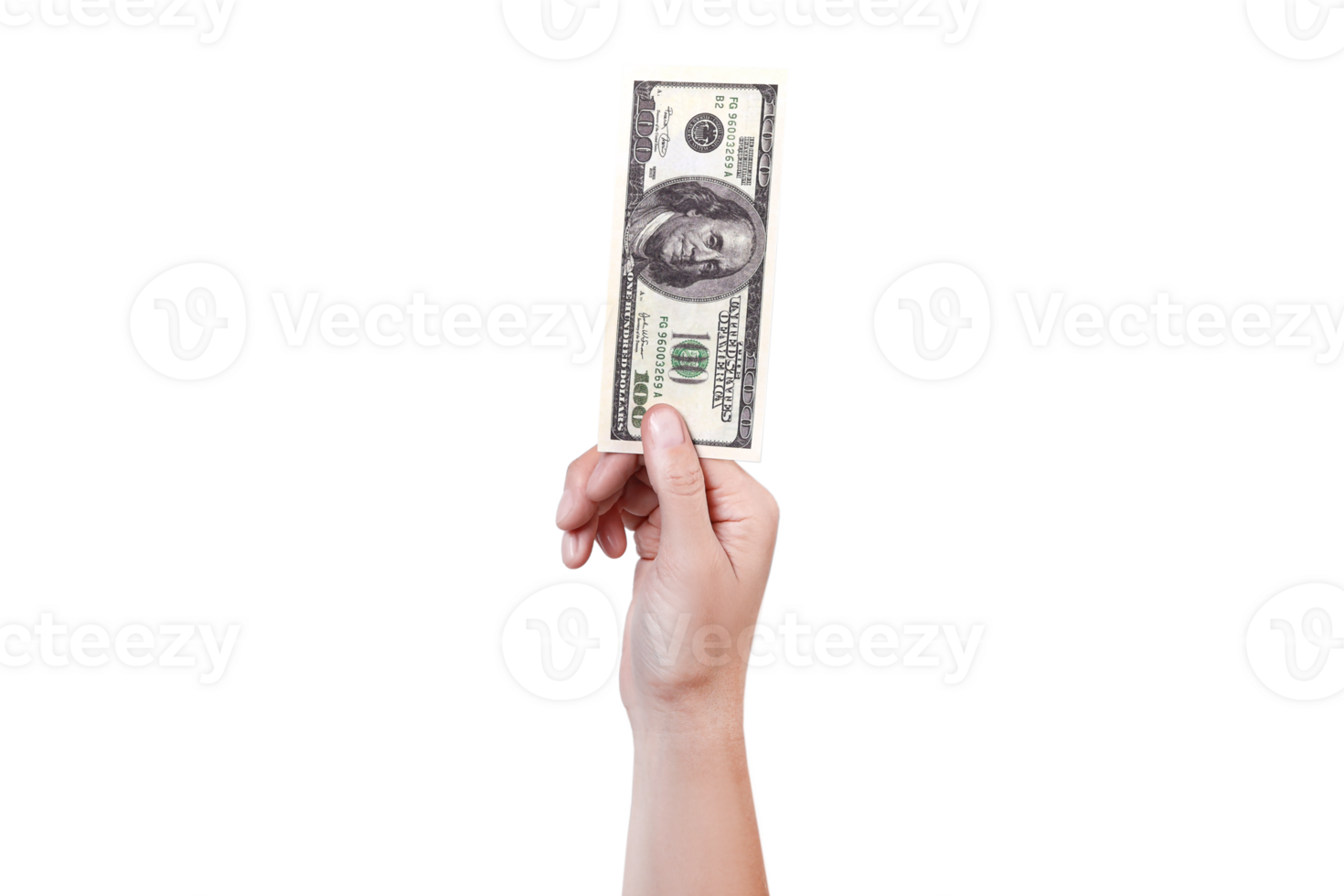 Hand below shows money 100 dollar bill. Money in a hand isolated on  png transparent background