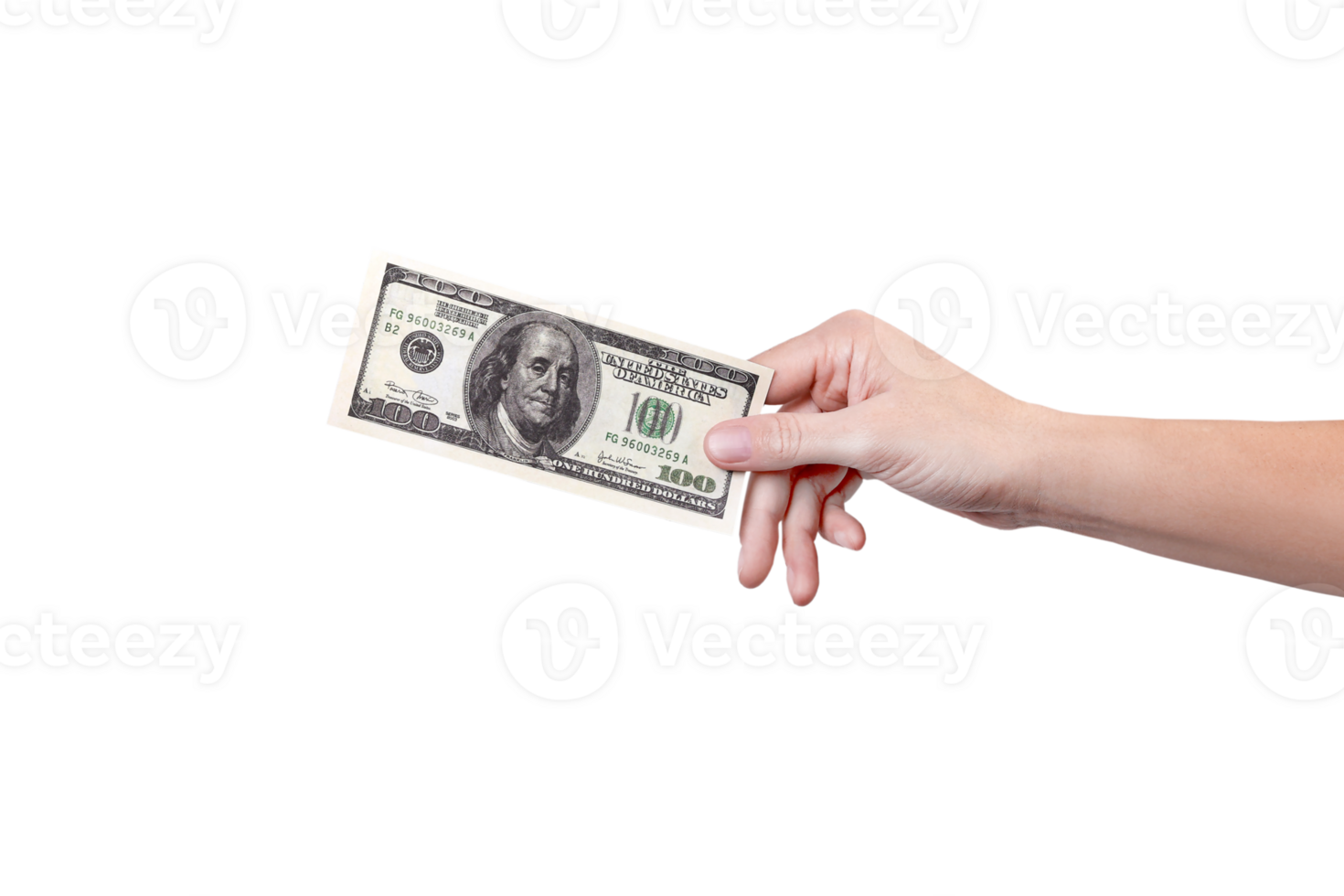 Hand reaches out with a 100 dollar bill on the right . Money in a hand isolated on  png transparent background