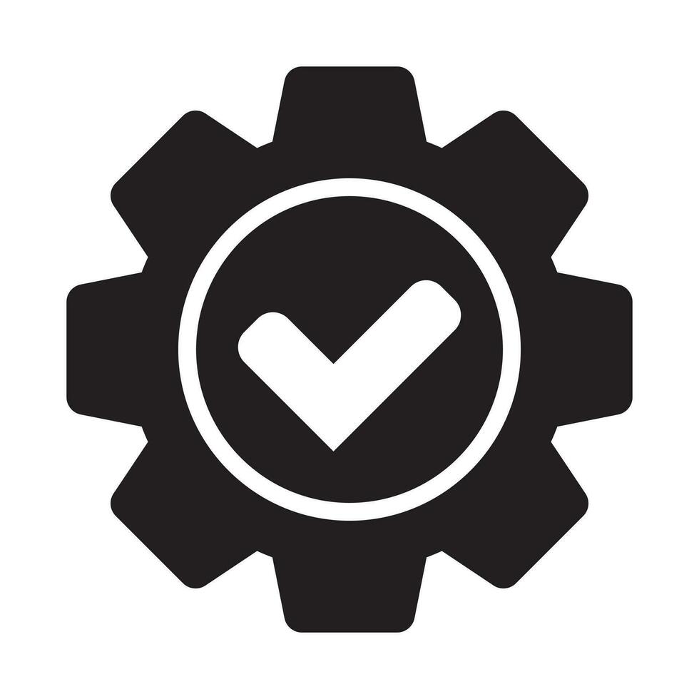Check mark with gear icon, cog with check icon. vector