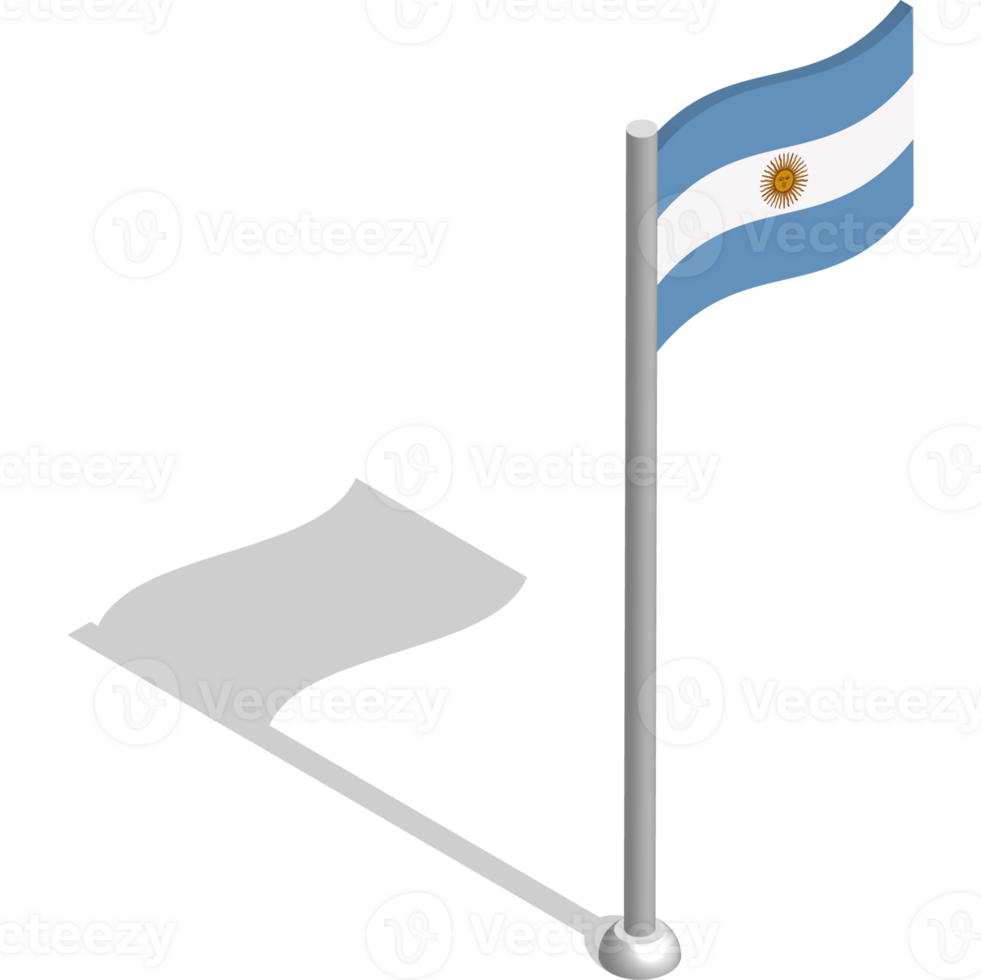 Isometric flag of Argentina in motion on flagpole. National banner flutters in wind. PNG image on transparent background