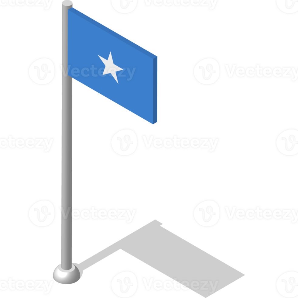 Isometric flag of SOMALIA in static position on flagpole. National banner of country in static, even position. PNG image on transparent background