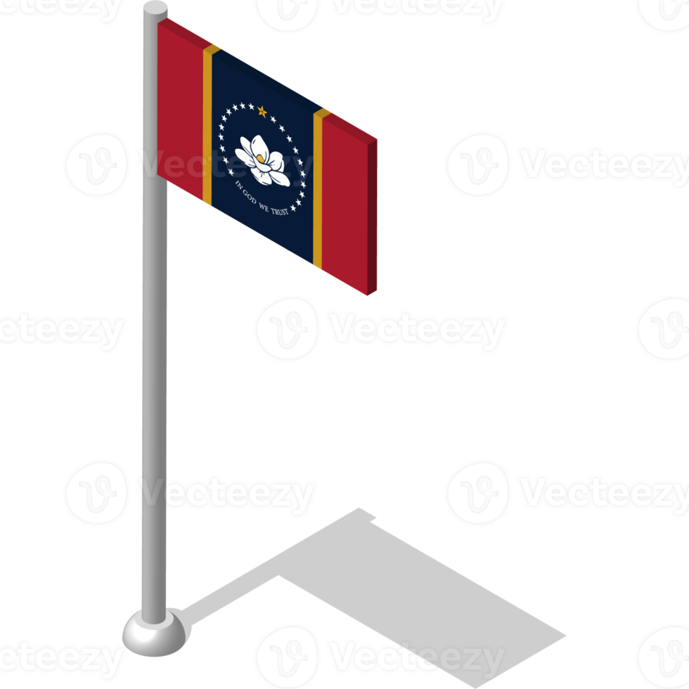 Isometric flag of american state of Mississippi in static position on flagpole. National banner of country in static, even position. PNG image on transparent background