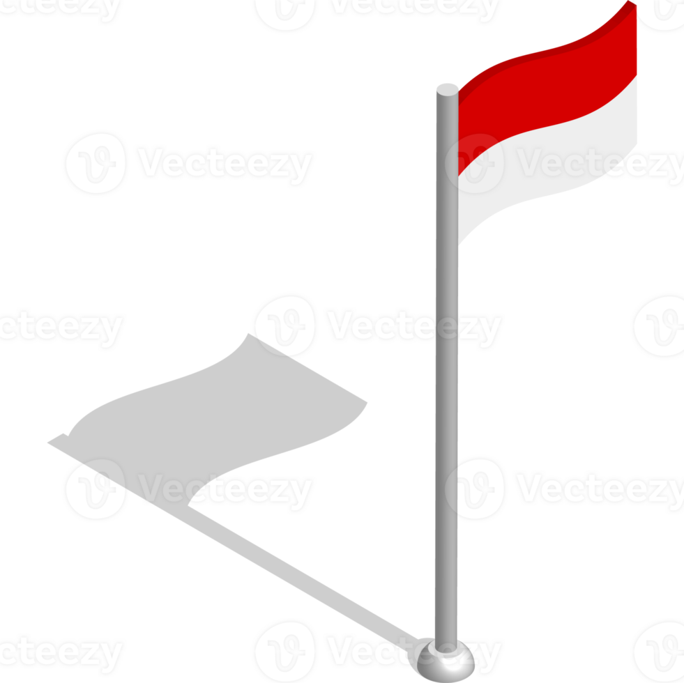 Isometric flag of Republic of Indonesia in motion on flagpole. National banner flutters in wind. PNG image on transparent background