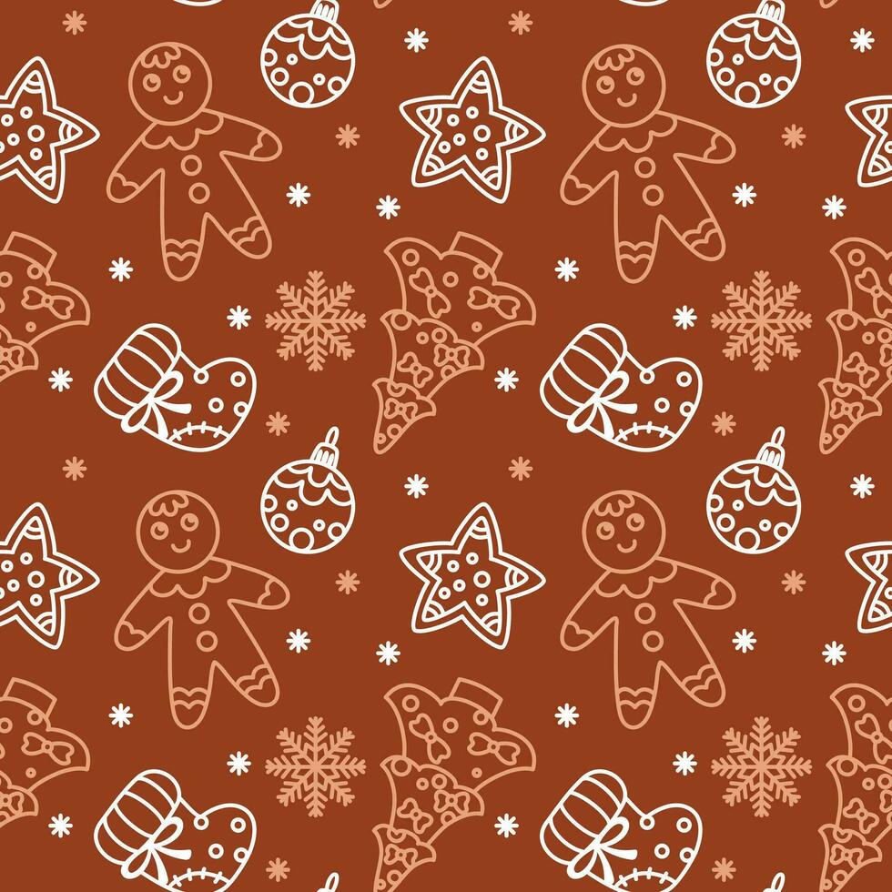 Christmas gingerbread man cookies and other traditional attributes. Seamless pattern on brown background. Vector. vector