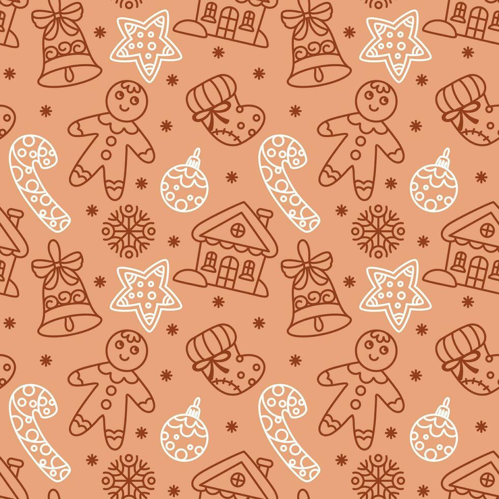 Christmas gingerbread man cookies and other traditional attributes. Seamless pattern on brown background. Vector