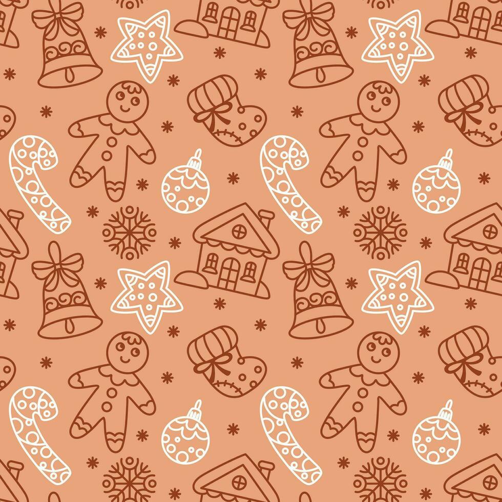 Christmas gingerbread man cookies and other traditional attributes. Seamless pattern on brown background. Vector