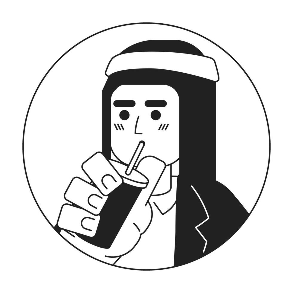 Modern saudi guy drinking through straw black and white 2D vector avatar illustration. Holding coffee man wearing kaffiyeh outline cartoon character face isolated. Smoothie man arab flat portrait