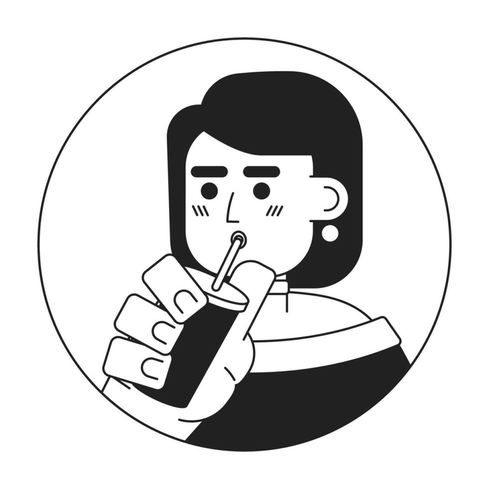 Stylish caucasian young adult woman sipping straw black and white 2D vector avatar illustration. Coffee enjoying college girl outline cartoon character face isolated. Drinking milkshake flat portrait