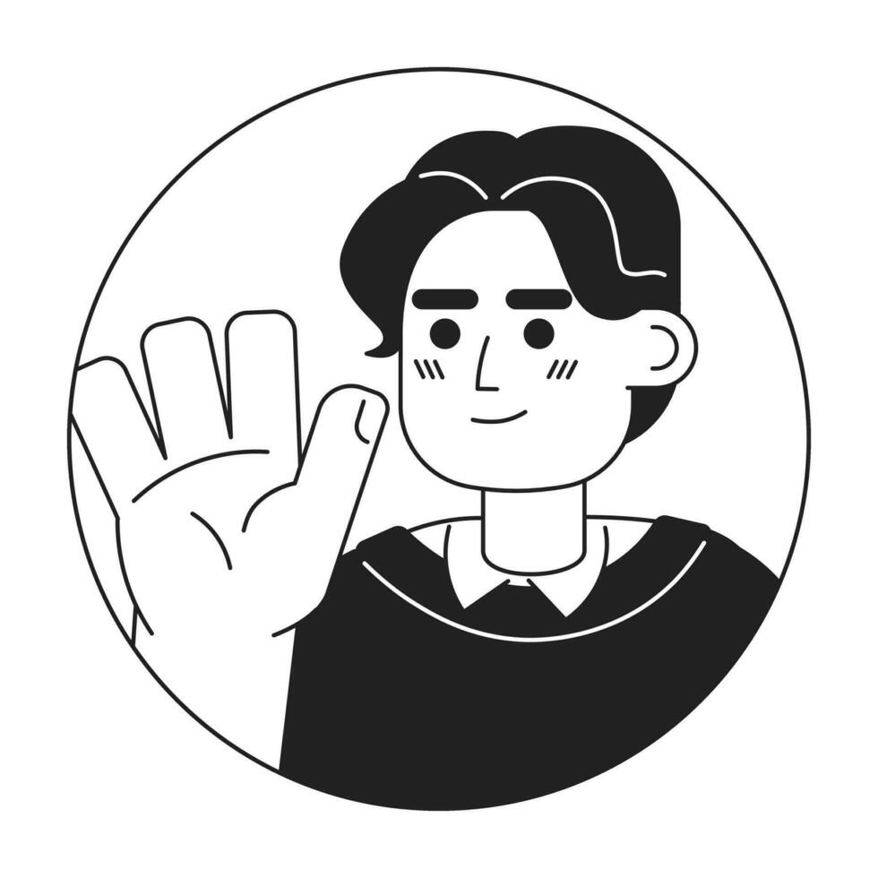 Middle eastern boy waving hand greeting black and white 2D vector avatar illustration. Handwave arab young adult college student outline cartoon character face isolated. Welcome gesture flat portrait