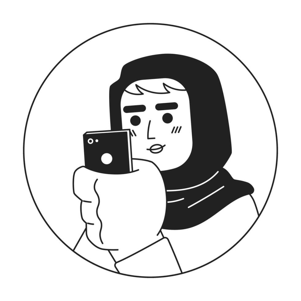 Smartphone woman arab hijab black and white 2D vector avatar illustration. Phone scrolling muslim girl outline cartoon character face isolated. Mobile internet user headscarf female flat portrait