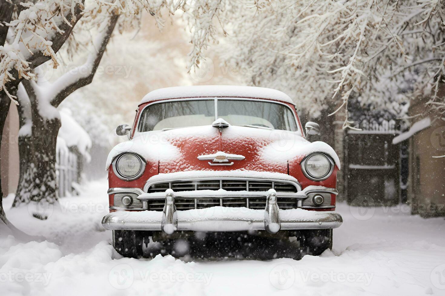 ai generado retro rojo coche en pie en ventisqueros en un nieve tormenta invierno clima foto