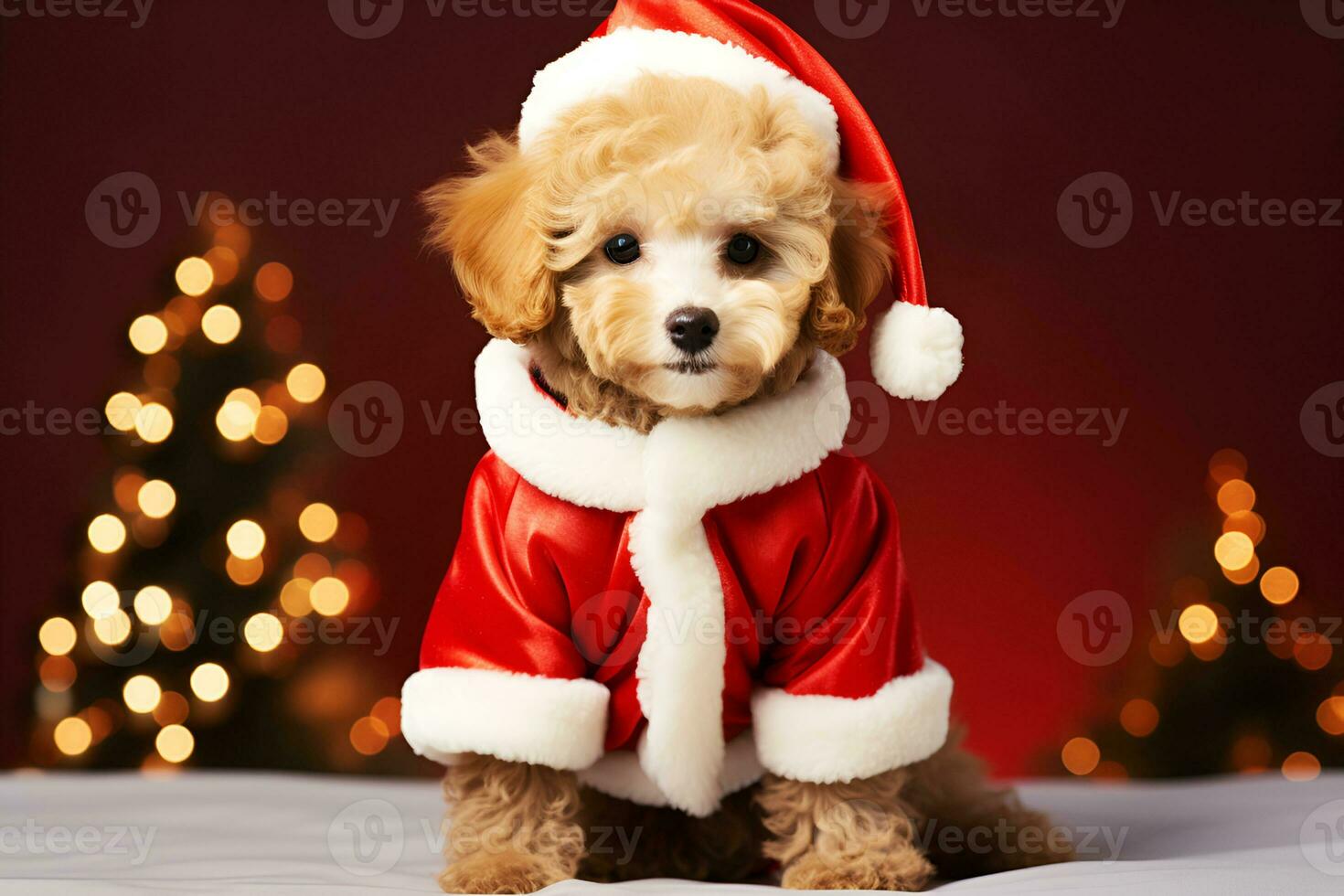 AI Generated cute dog toy poodle dog puppy dressed in Santa hat and suit on red background near Christmas trees greeting card Greeting card New Year holidays photo