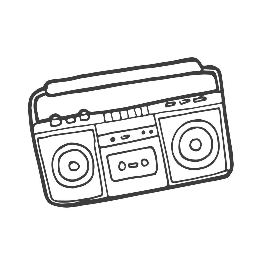 Hand drawn boombox. Doodle sketch style. Drawing line simple retro music record icon. Isolated vector illustration.
