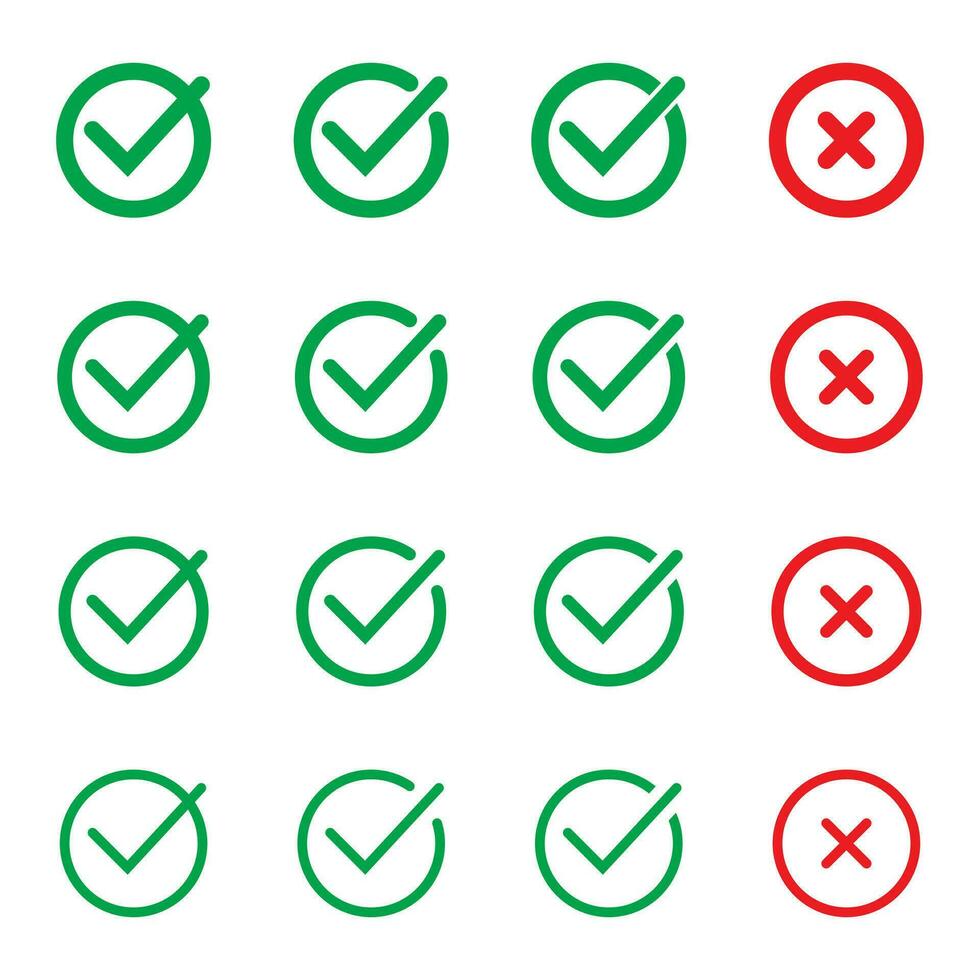Green tick and red cross checkmarks in circle flat icons. Yes or no line symbol, approved or rejected icon for user interface. vector