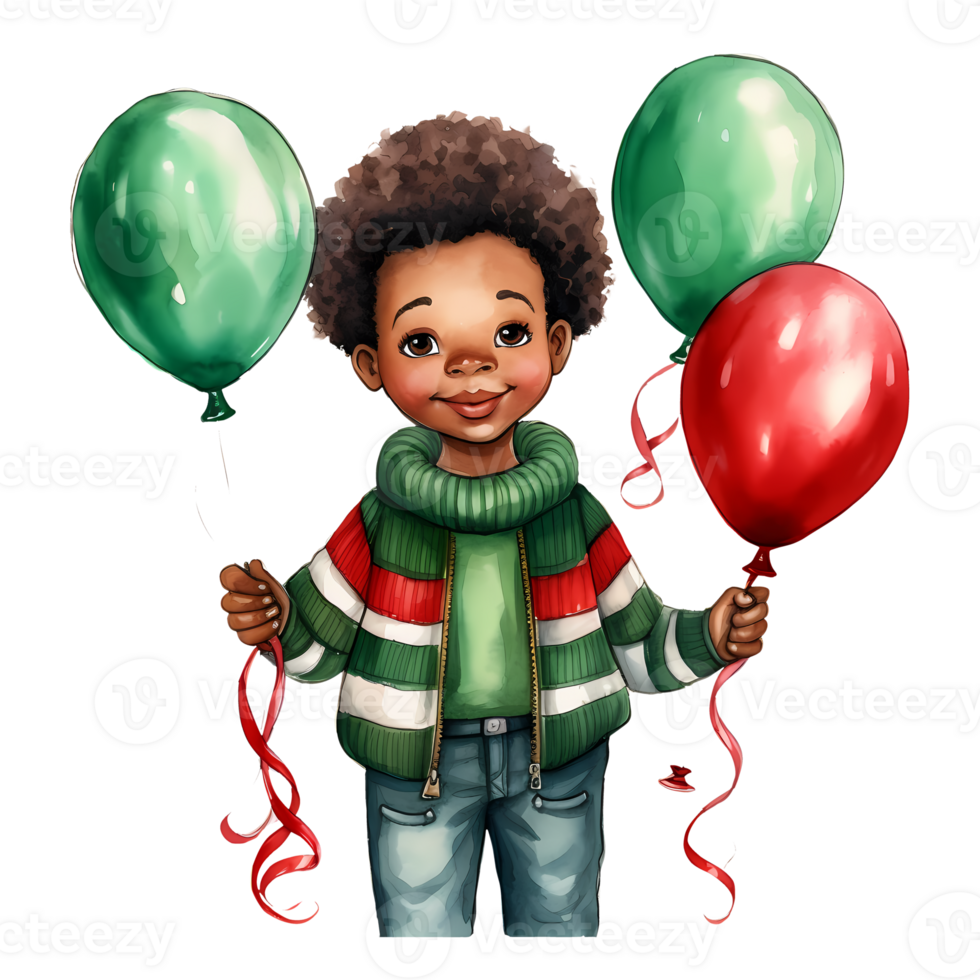 Cute Girl Happy New Year African American Watercolor Clipart