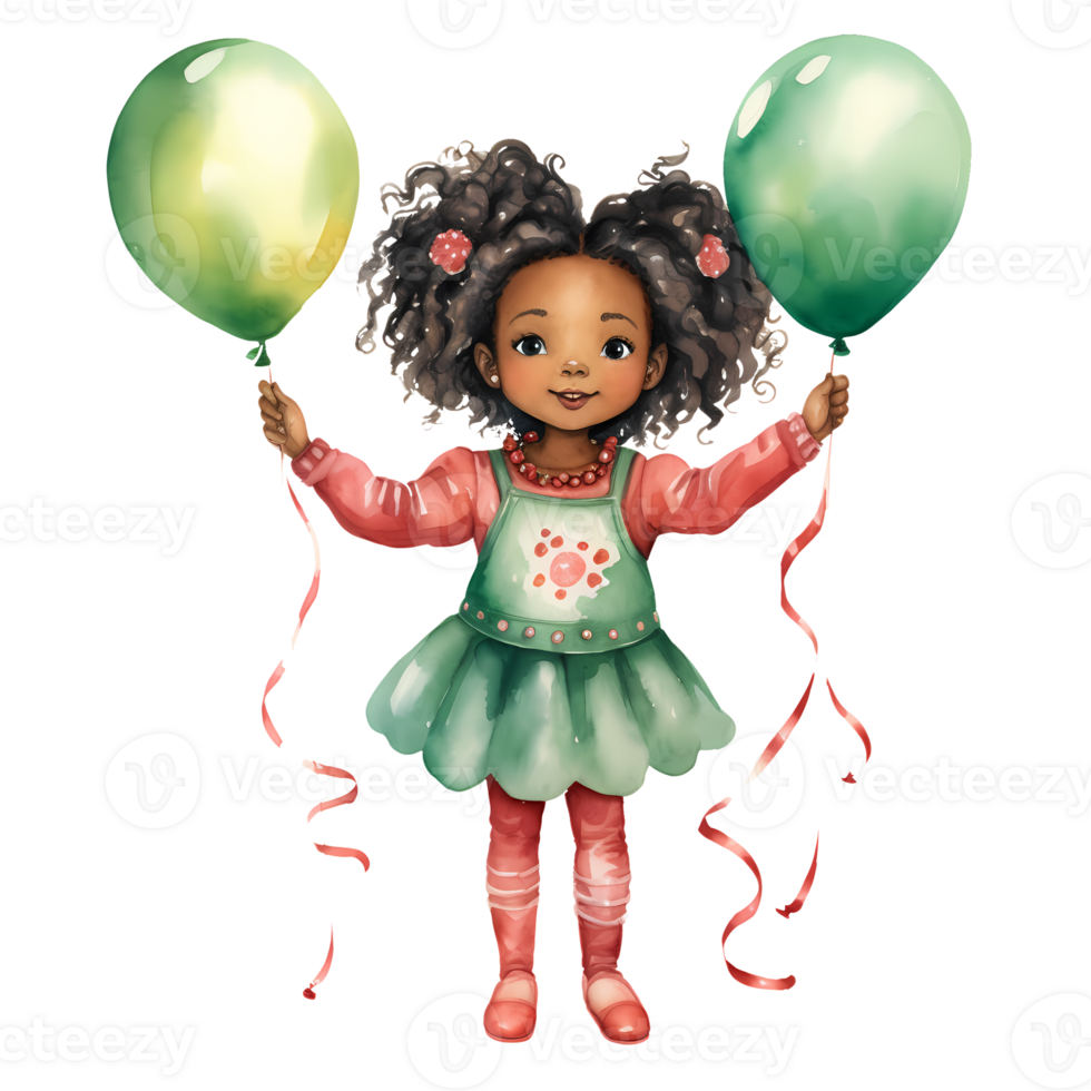 Cute Girl Happy New Year African American Watercolor Clipart
