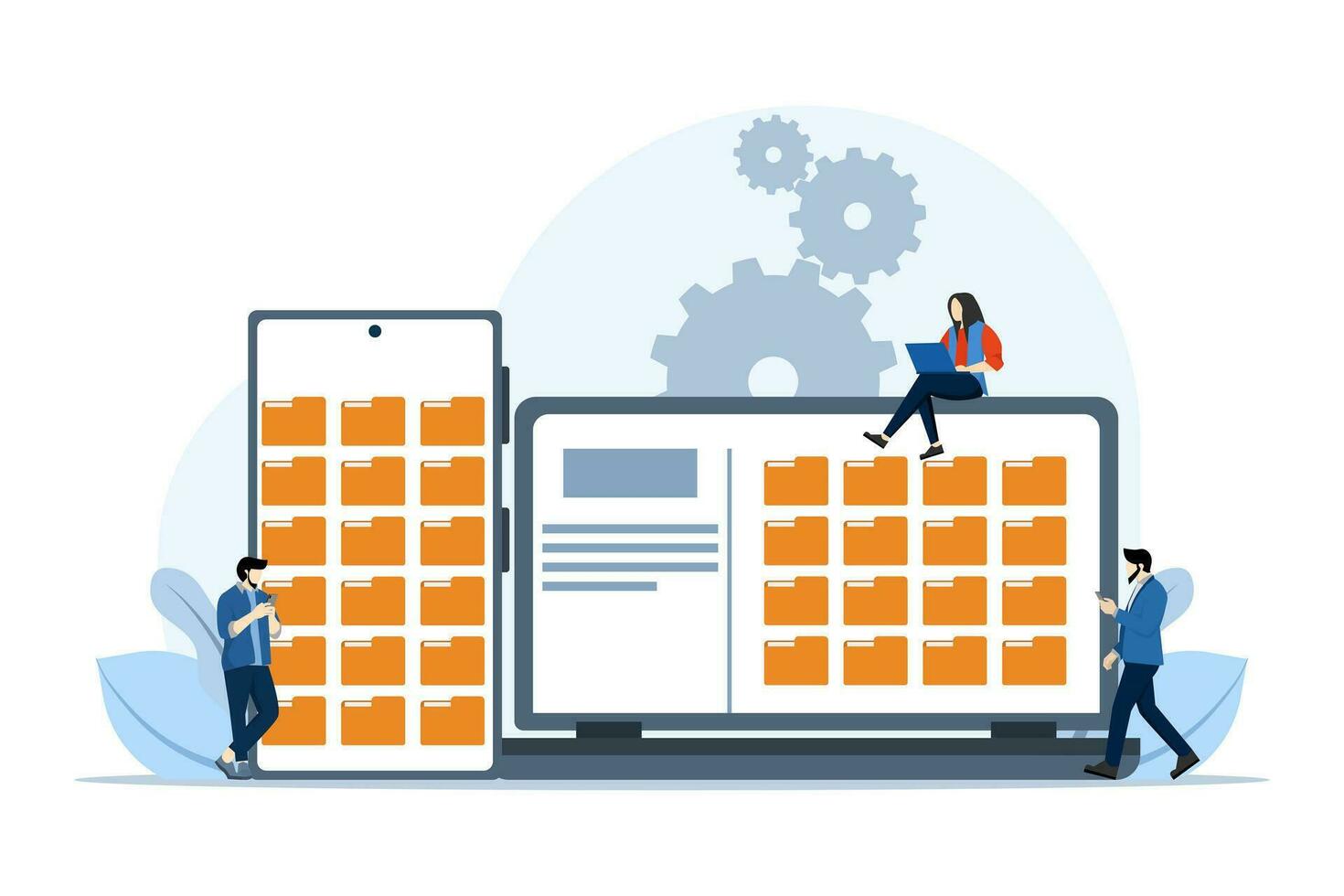 File management concept, Data storage, Folders, documents and media content, Business team looking for files on smart phone or laptop, Modern flat cartoon style, Vector illustration on background.